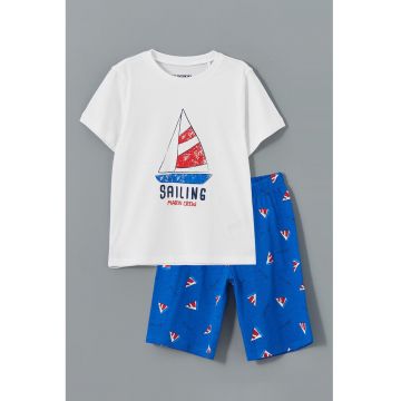 Pijama scurta de bumbac cu imprimeu grafic si text - Alb/Albastru royal
