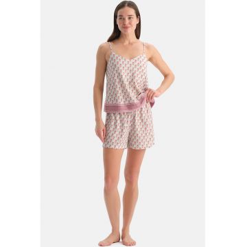 Pijama scurta din amestec de bumbac - Alb fildes/Roz