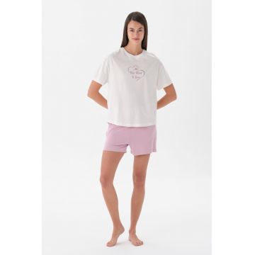 Pijama scurta regular fit din bumbac - Alb/Roz prafuit