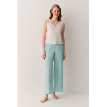 Pijama striata din bumbac - Alb fildes/Turcoaz