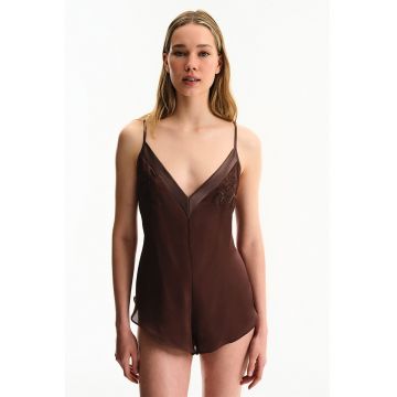 Salopeta cu detalii brodate pe piept - Maro inchis