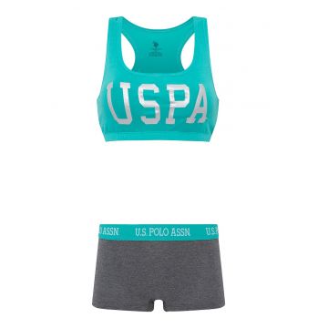 Set de boxeri si bustiera cu logo - Verde persan/Gri inchis