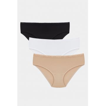 Set de chiloti cu dantela in talie - 3 perechi - Alb/Negru/Bej