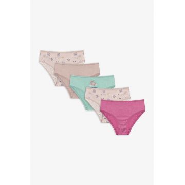 Set de chiloti cu model si uni - 5 perechi - Fucsia/Bej inchis/Verde menta