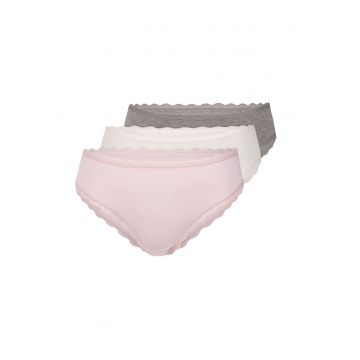 Set de chiloti din amestec de bumbac cu detalii din dantela - 3 perechi - Alb/Gri melange/Roz