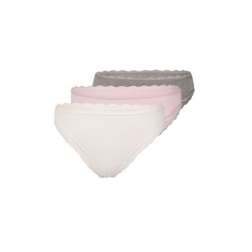 Set de chiloti din amestec de bumbac cu garnituri din dantela - 3 perechi - Alb/Gri melange/Roz