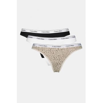 Set de chiloti tanga cu banda logo elastica in talie - 3 perechi - Alb/Negru/Maro nisip