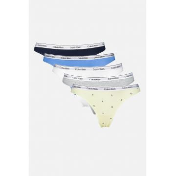 Set de chiloti tanga cu banda logo elastica in talie - 5 perechi - Galben pai/Gri melange/Albastru