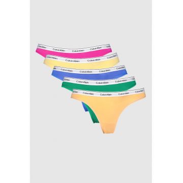 Set de chiloti tanga cu banda logo elastica in talie - 5 perechi - Verde/Galben/Roz