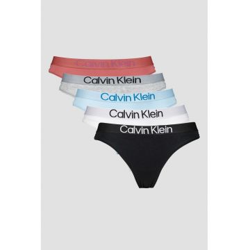 Set de chiloti tanga cu banda logo in talie - 5 perechi - Alb/Negru/Albastru