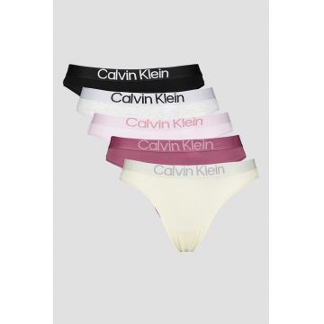 Set de chiloti tanga cu banda logo in talie - 5 perechi - Alb/Negru/Roz