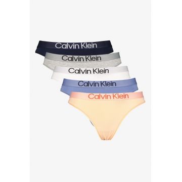 Set de chiloti tanga cu banda logo in talie - 5 perechi - Gri/Roz somon/Albastru