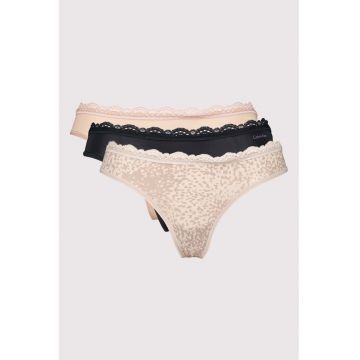 Set de chiloti tanga cu dantela - 3 perechi - Negru/Gri/Bej inchis