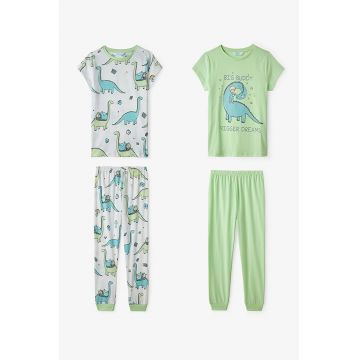 Set de pijamale lungi cu imprimeu cu dinozaur - 4 piese - Alb/Verde pastel