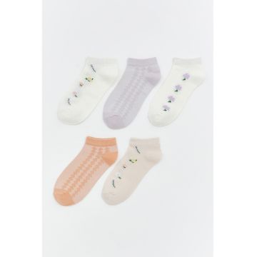 Set de sosete lungi cu model - 5 perechi - Alb fildes/Lila/Roz prafuit