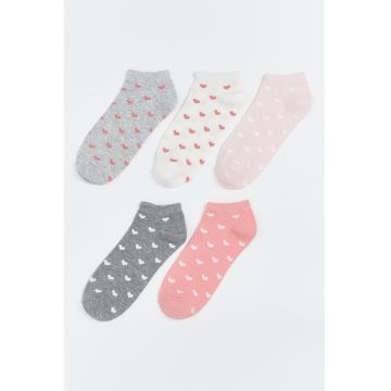 Set de sosete pana la glezna cu model cu inima - 5 perechi - Alb/Gri melange/Roz
