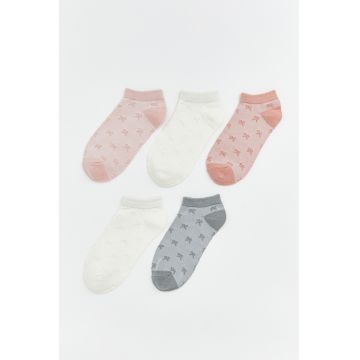 Set de sosete pana la glezna cu model funde - 5 perechi - Alb/Roz/Gri