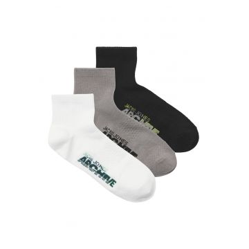 Set de sosete scurte cu logo si imprimeu - 3 perechi - Alb/Negru/Maro deschis