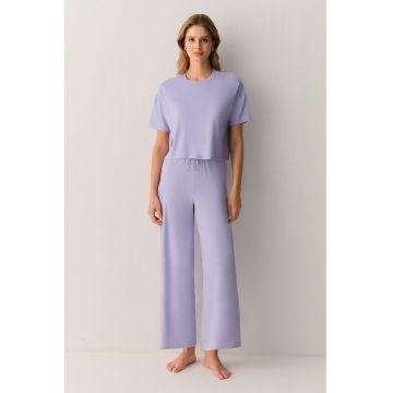 Tricou crop si pantaloni de pijama cu croiala evazata - Violet pastel