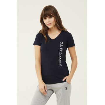 Tricou de casa cu decolteu in V si imprimeu logo - Bleumarin