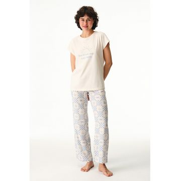 Tricou de pijama din bumbac cu imprimeu text - Albastru pastel/Alb murdar