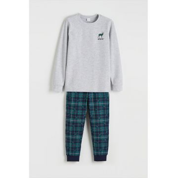 Pijama cu pantaloni lungi cu model in carouri - Gri deschis/Verde persan/Bleumarin