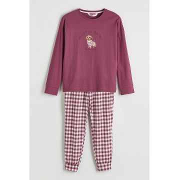 Pijama de bumbac cu pantaloni lungi si model in carouri - Alb/Rosu prafuit