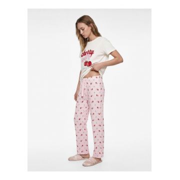 Pijama de bumbac cu text si imprimeu cu fructe - Roz deschis/Rosu vermillion/Alb murdar