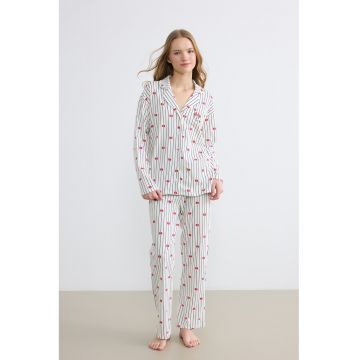 Pijama din bumbac cu model in dungi - Coral/Negru stins/Alb murdar
