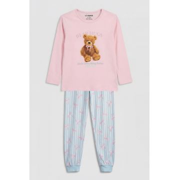 Pijama din bumbac cu pantaloni lungi si imprimeu grafic - Roz/Albastru