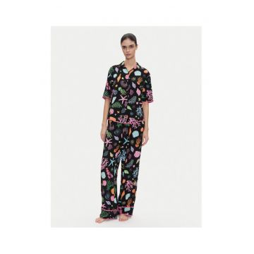 Pijamale dama  negru - imprimeu marin colorat