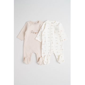 Set de pijama din amestec de bumbac - 2 piese - Alb/Maro nisip