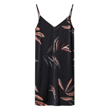 Camasa de noapte  gri inchis - imprimeu floral - satinata - fara maneci - decolteu in V -