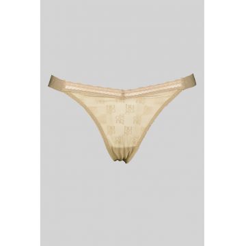 Chiloti tanga cu logo si dantela - Maro taupe