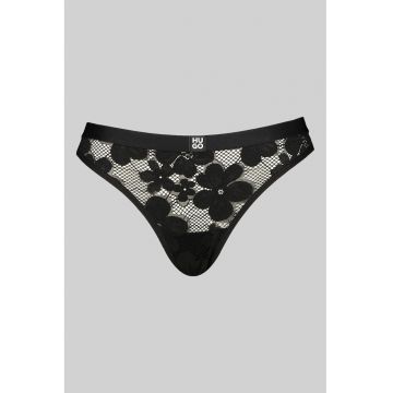 Chiloti tanga de dantela cu model floral - Negru