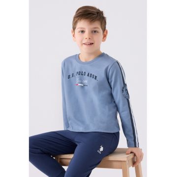 Pijama cu imprimeu logo si decolteu la baza gatului - Alb/Albastru