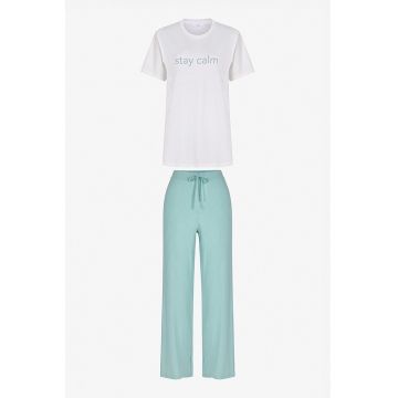 Pijama cu imprimeu text - Alb/Turcoaz
