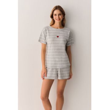 Pijama cu maneci scurte si aspect striat - Alb/Gri deschis/Rosu vermillion