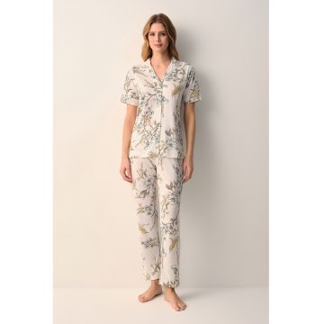 Pijama cu maneci scurte si model floral - Albastru pastel/Maro taupe/Galben sofran/Bej deschis