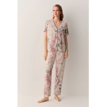 Pijama cu pantaloni lungi si decolteu in V - Verde/Roz deschis/Albastru