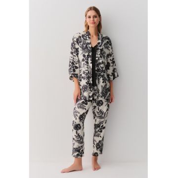 Pijama cu pantaloni lungi si imprimeu floral - Alb/Gri antracit