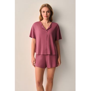 Pijama cu pantaloni scurti si decolteu in V - Roz zmeuriu