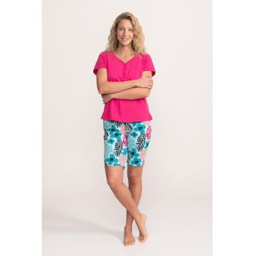 Pijama cu pantaloni sucrti si imprimeu floral Valerie - Negru/Roz aprins/Albastru deschis