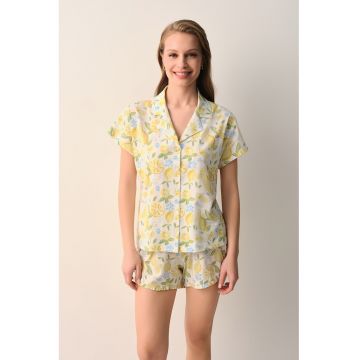 Pijama de bumbac cu model tropical - Alb/Albastru lavanda/Galben pai/Verde aquamarin
