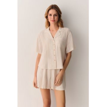 Pijama scurta cu dungi si nasturi - Maro camel/Roz pal/Argintiu