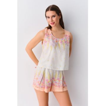 Pijama scurta cu imprimeu si decolteu rotund - Portocaliu mandarina/Lila/Alb murdar