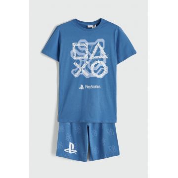 Pijama scurta din bumbac - Alb/Albastru