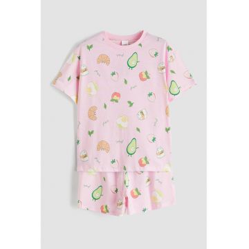 Pijama scurta din bumbac cu imprimeu - Verde/Roz pastel/Portocaliu persan