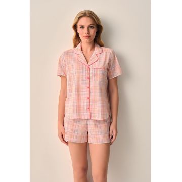 Pijama scurta in carouri cu revere decupate - Alb/Gri deschis/Roz deschis/Roz aprins