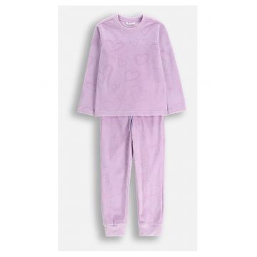 Pijama  set 2 piese - violet - cu imprimeuri inimioare - velur